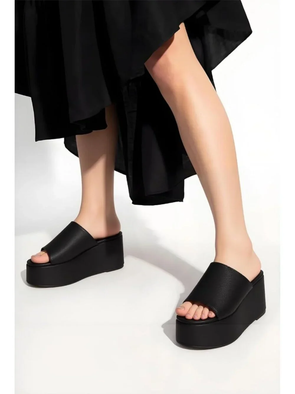 Chunky Black Platform Sandals for Women - Comfortable Open Toe Slip-On Wedges